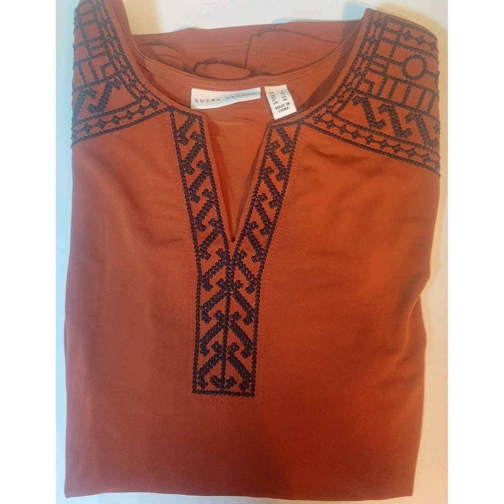 Susan Graver‎ Womens L V Neck Tunic Top 3/4 Sleeve Rust Embroidered